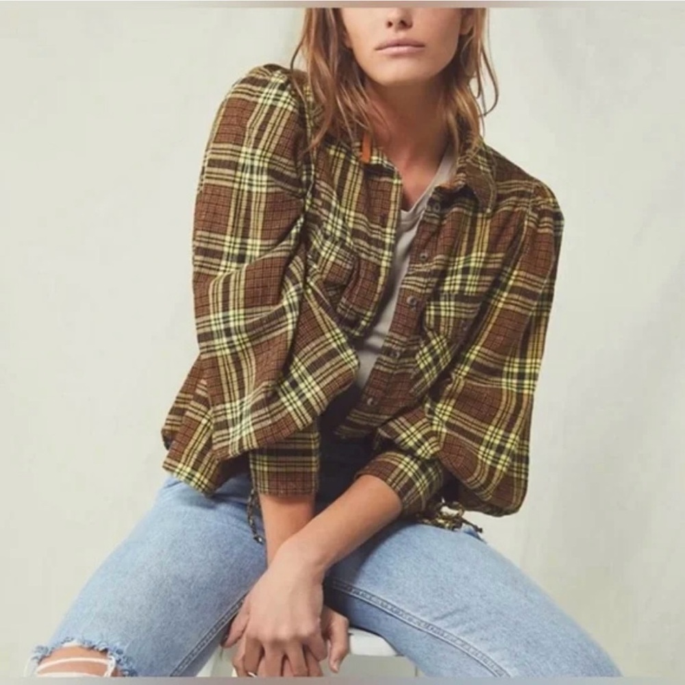 We The Free Brown and Yellow Plaid Button-Down Shirt